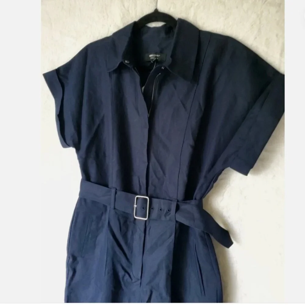 Banana Repubic Linen-Blend Belted Jumpsuit Navy Blue Size LARGE #705878 NWT $150